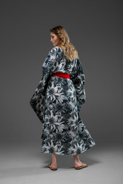 Black Lotus Flower Pattern Digital Print with Side Round splits Long Kaftan Dress With Belt 