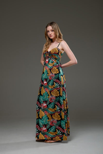 Casual Black Floral Print Streched Jersey Spaghetti Strap Long Dress
