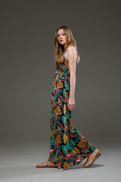 Casual Black Floral Print Streched Jersey Spaghetti Strap Long Dress