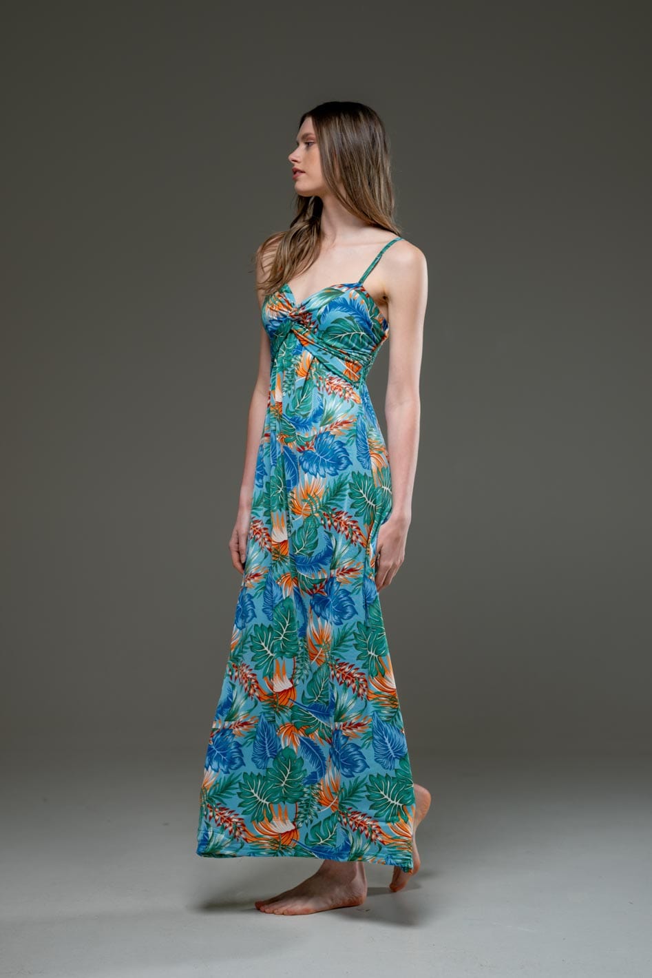 Casual Blue Floral Print Streched Jersey Spaghetti Strap Long Dress