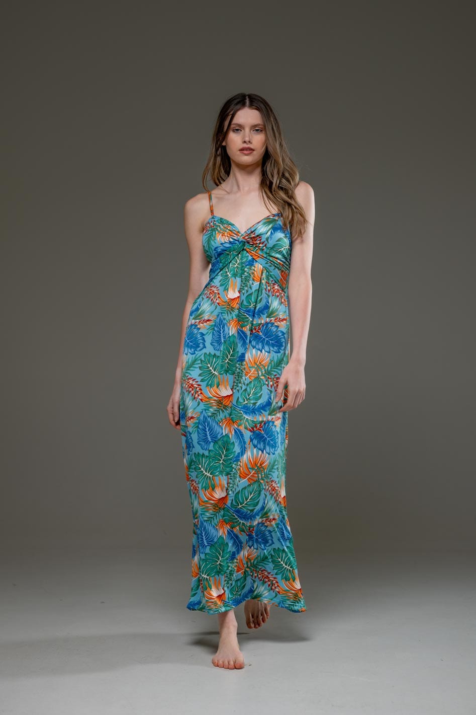 Casual Blue Floral Print Streched Jersey Spaghetti Strap Long Dress