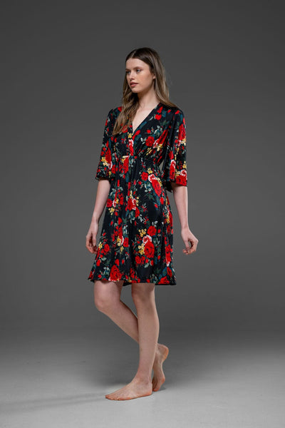 Casual Floral Bell Half Sleeve V Neck Over The Knee Streched Jersey Dress