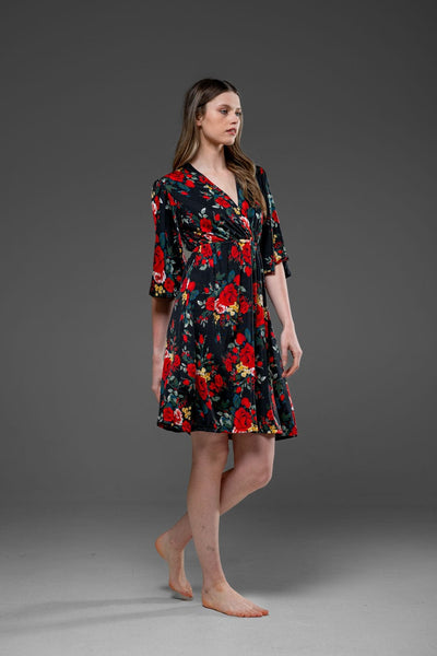 Casual Floral Bell Half Sleeve V Neck Over The Knee Streched Jersey Dress