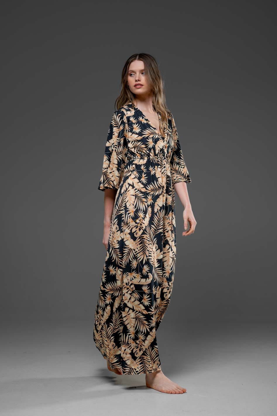 Casual Floral Bell Half Sleeve V Neck Streched Jersey Long Dress
