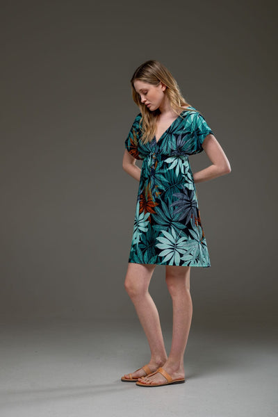 Casual Green Floral Print Streched Jersey Short Dress