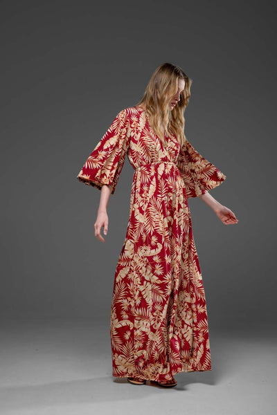 Casual Red Floral Bell Half Sleeve V Neck Streched Jersey Long Dress