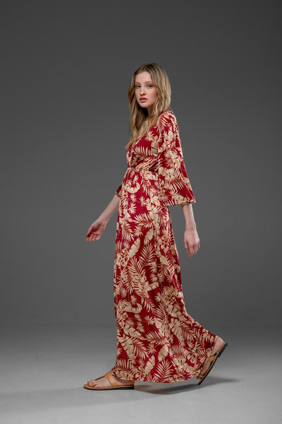 Casual Red Floral Bell Half Sleeve V Neck Streched Jersey Long Dress