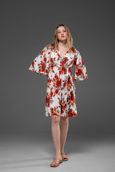 Casual White Floral Bell Half Sleeve V Neck Over The Knee Streched Jersey Dress