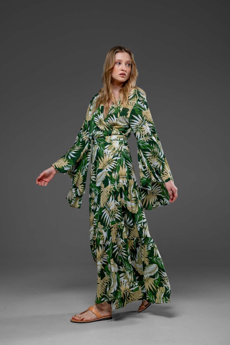 Elegant Green Leaf Print Rayon Wrap Self Tied Bohemian Long Dress
