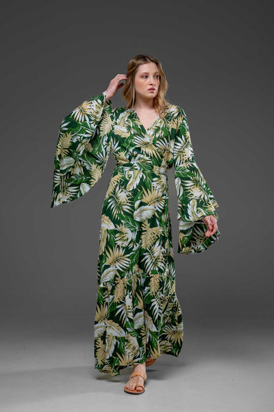 Elegant Green Leaf Print Rayon Wrap Self Tied Bohemian Long Dress