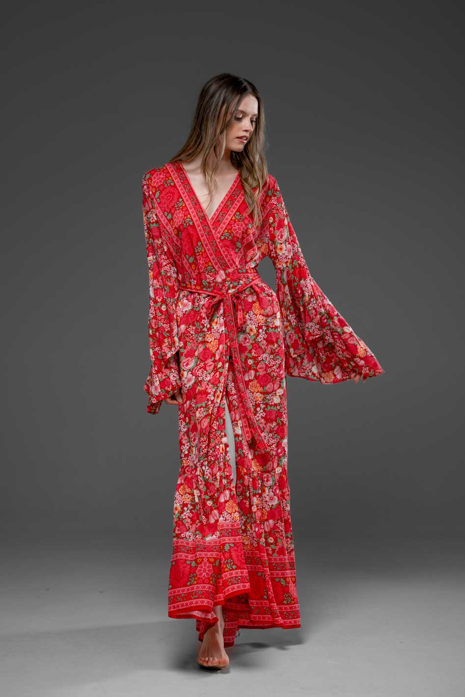 Elegant Red Flower Border Print Rayon Wrap Self Tied Bohemian Long Dress