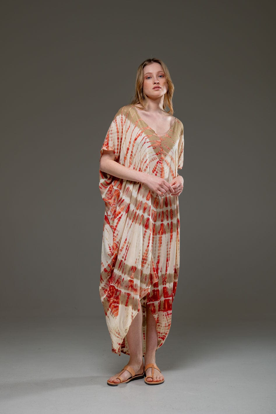 Luxury Soft Rayon Beige Red Tie Dye Pattern Asymmetric Hemline V Neck Kaftan Dress