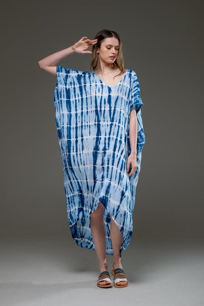 Luxury Soft Rayon Blue Tie Dye Pattern Asymmetric Hemline V Neck Kaftan Dress
