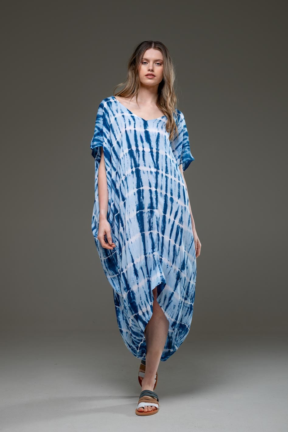 Luxury Soft Rayon Blue Tie Dye Pattern Asymmetric Hemline V Neck Kaftan Dress