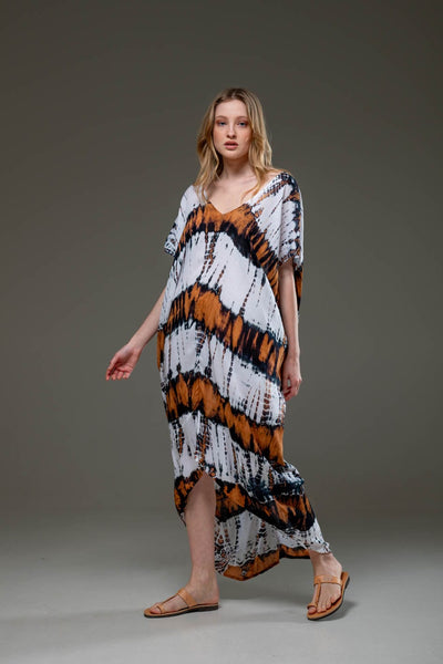 Luxury Soft Rayon Brown White Tie Dye Pattern Asymmetric Hemline V Neck Kaftan Dress