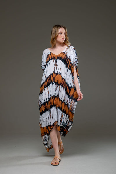 Luxury Soft Rayon Brown White Tie Dye Pattern Asymmetric Hemline V Neck Kaftan Dress
