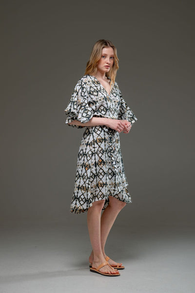Luxury Soft Rayon Geometric Pattern V Neck Self Waist Tie Over Midi Wrap Dress