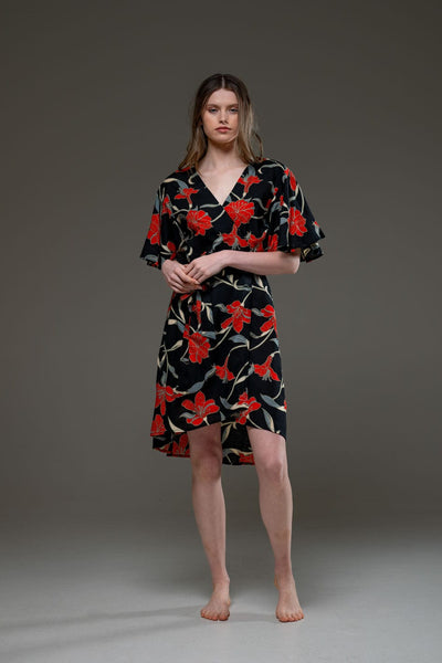 Luxury Soft Rayon Red Flower Pattern V Neck Self Waist Tie Midi Wrap Dress