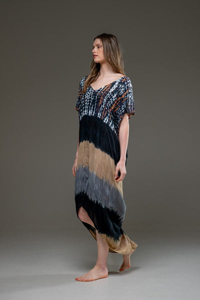 Luxury Soft Rayon Tie Dye Pattern Asymmetric Hemline V Neck Kaftan Dress