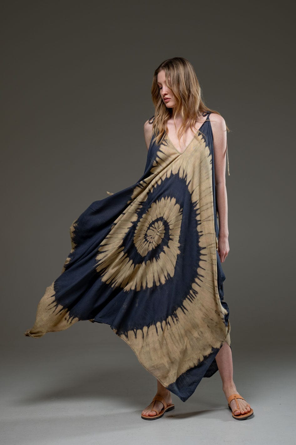 Soft Rayon V Neckline Spiral Design Tye Dye Asymmetric Long Strap Dress