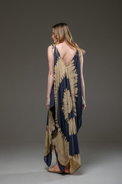 Soft Rayon V Neckline Spiral Design Tye Dye Asymmetric Long Strap Dress