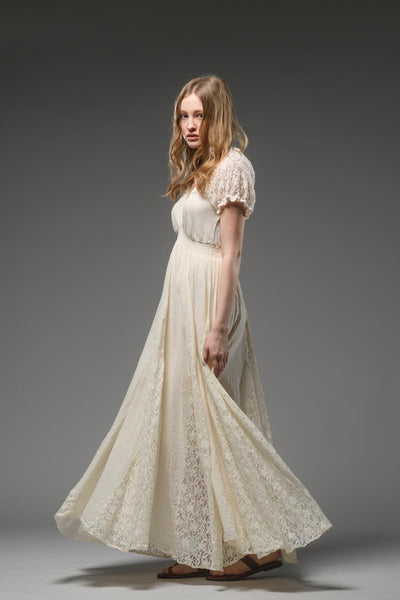 Beige cotton bohemian lace detail short sleeve maxi dress 