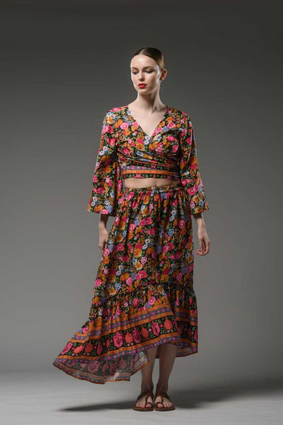 Bohemian red flower border print hi low hem elastic waist ruffled gypsy fashion long skirt