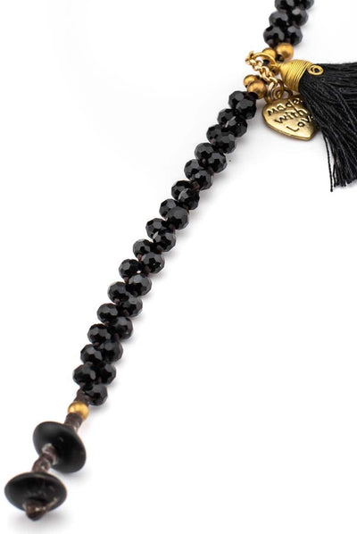 Boho chic handmade wax thread bracelet decorated with brass beads, black crystals and tassel with heart shape pendant-awatara