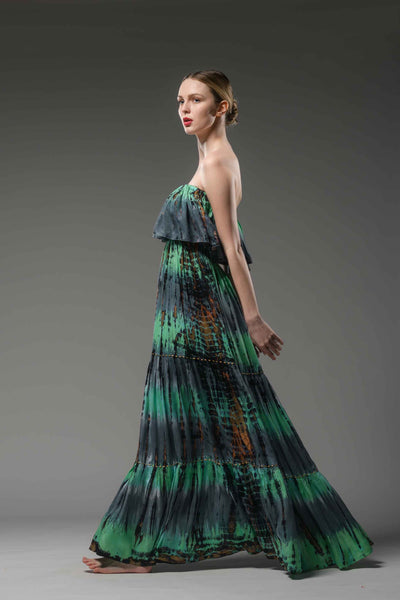 Strapless tie dye ruffled layered bodice elastic under bust embroidered boho long dress green