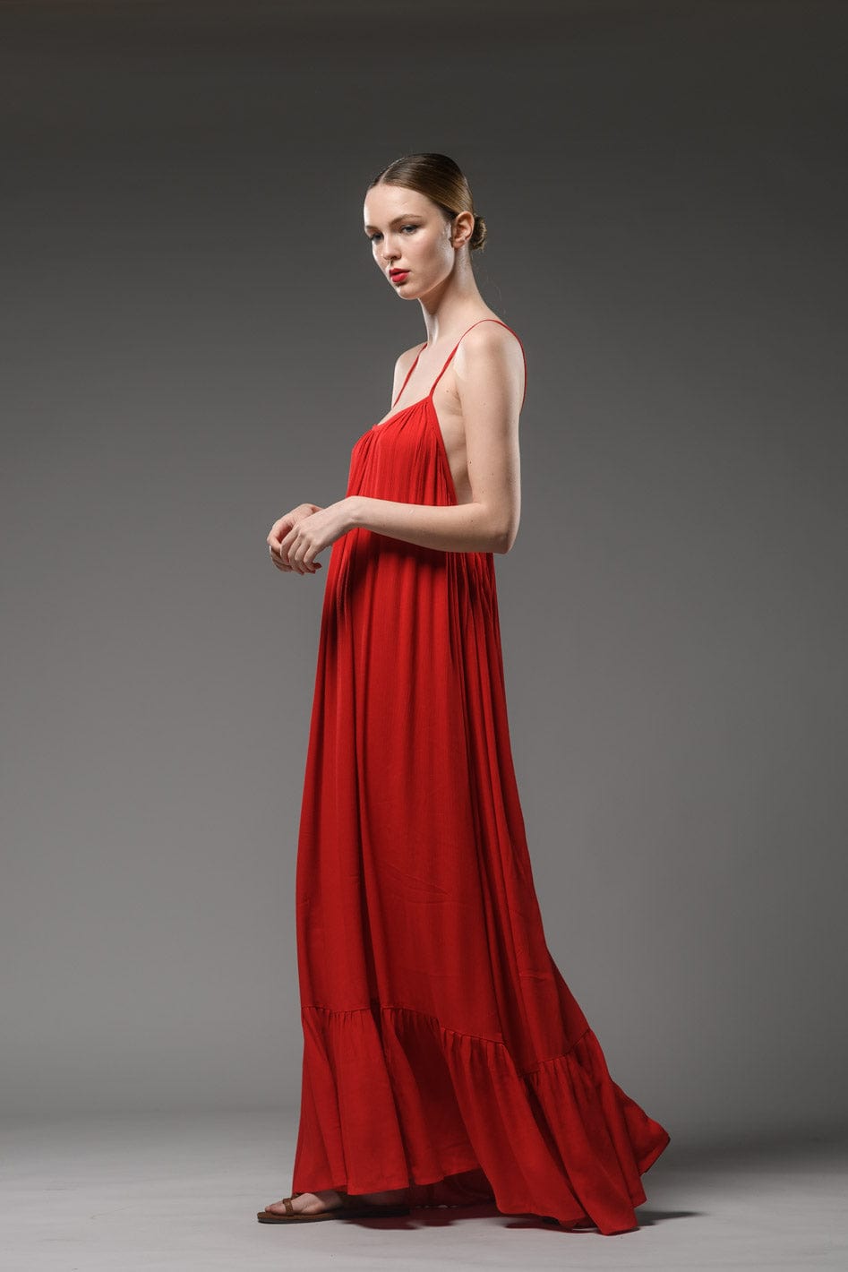 elegant classy resort wear red rayon crepe  backless spaghetti cross back strap scoop neck  maxi dress