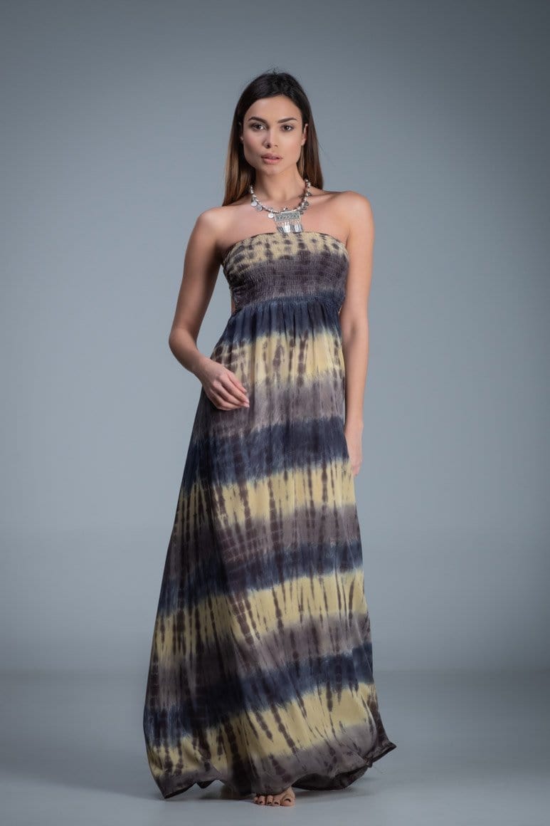 Smocked bodice strapless tie dye long dress with knitted net back detail. Yellow blue grey color combination tie dye dress