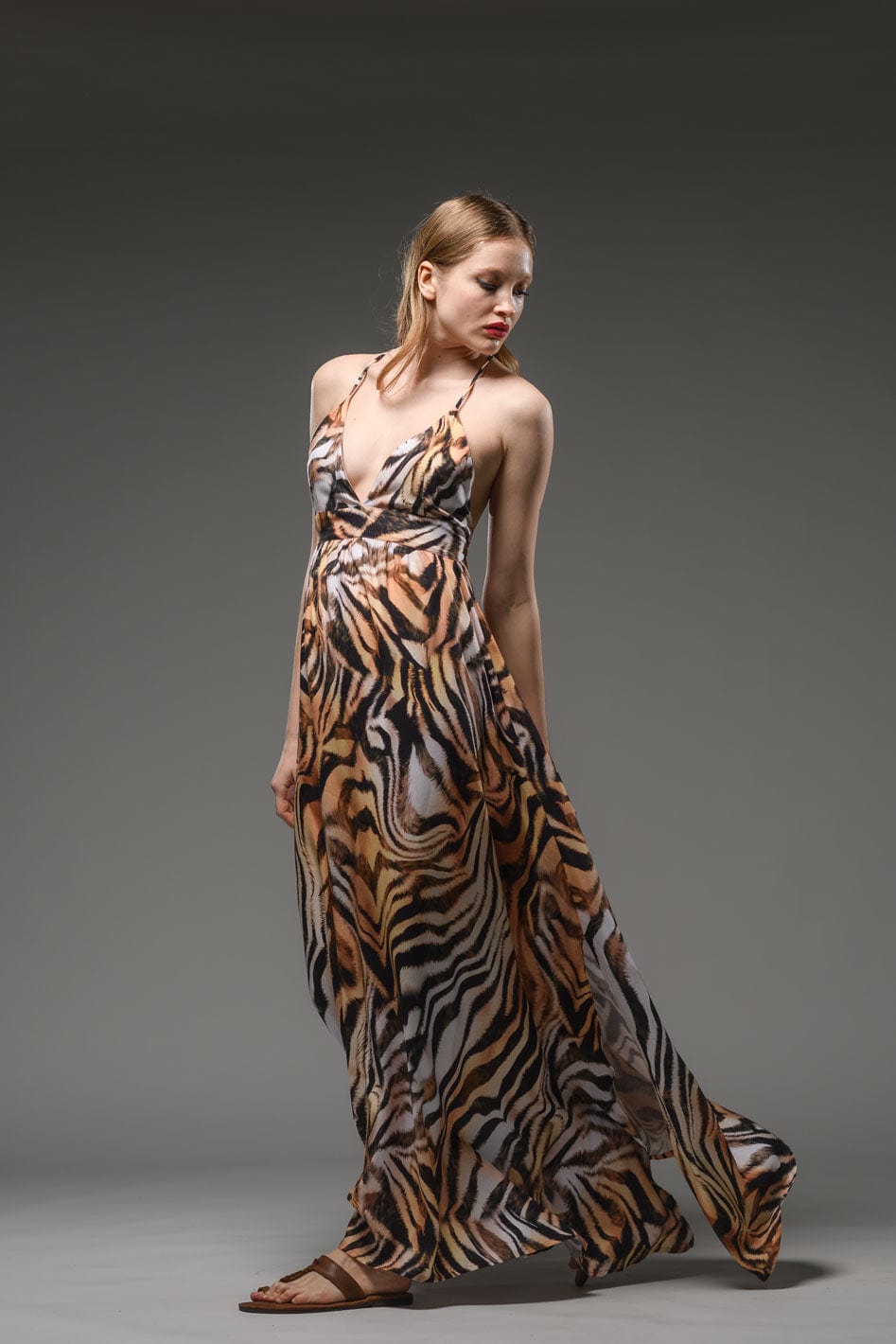 tiger digital print spaghetti cross back strap A line backless sexy maxi dress 