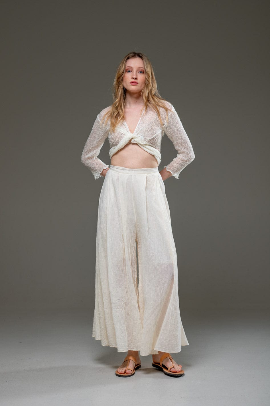 Beige Off White Organic Cotton Full Length Elastic Waistline Wide Pants