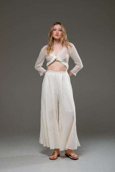 Beige Off White Organic Cotton Full Length Elastic Waistline Wide Pants