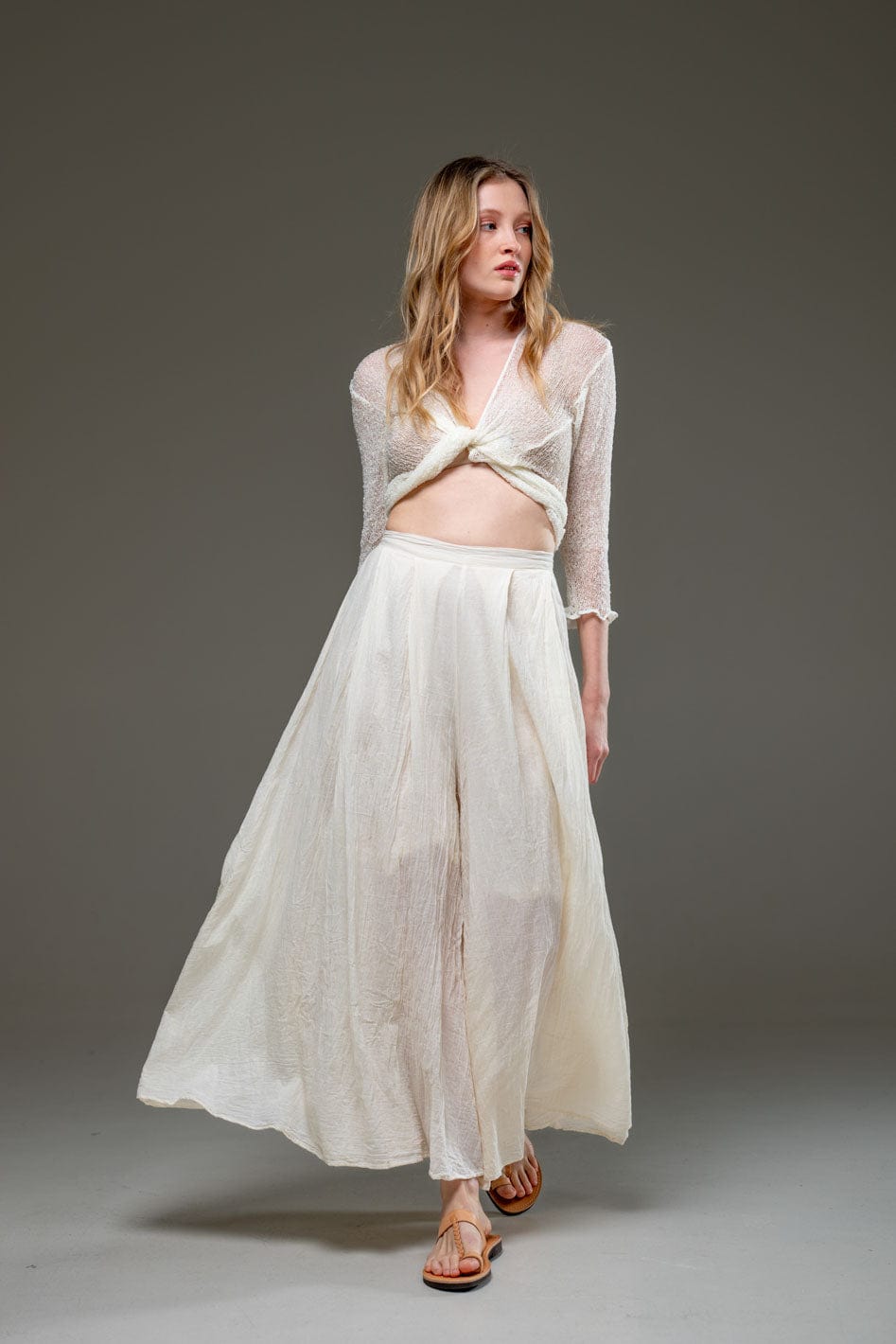 Beige Off White Organic Cotton Full Length Elastic Waistline Wide Pants