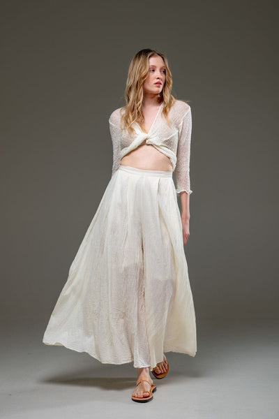 Beige Off White Organic Cotton Full Length Elastic Waistline Wide Pants