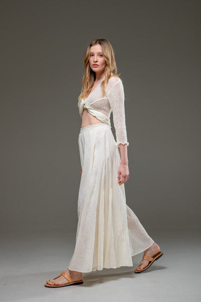 Beige Off White Organic Cotton Full Length Elastic Waistline Wide Pants