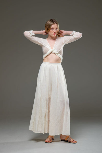 Beige Off White Organic Cotton Full Length Elastic Waistline Wide Pants