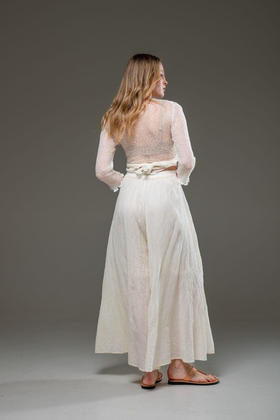 Beige Off White Organic Cotton Full Length Elastic Waistline Wide Pants