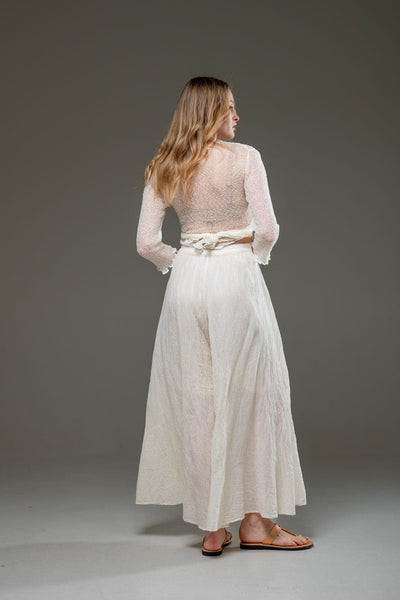 Beige Off White Organic Cotton Full Length Elastic Waistline Wide Pants