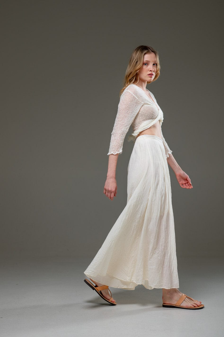 Beige Off White Organic Cotton Full Length Elastic Waistline Wide Pants