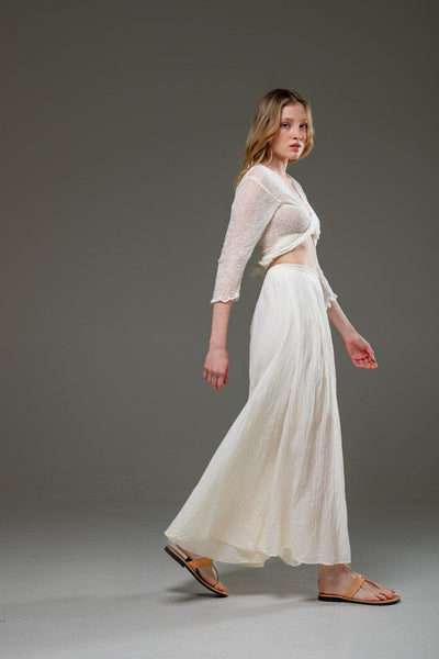 Beige Off White Organic Cotton Full Length Elastic Waistline Wide Pants