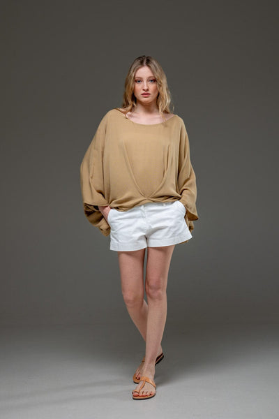  Beige Rayon Crepe Elegant Chic Flowing Batwings Scoop neck Blouse