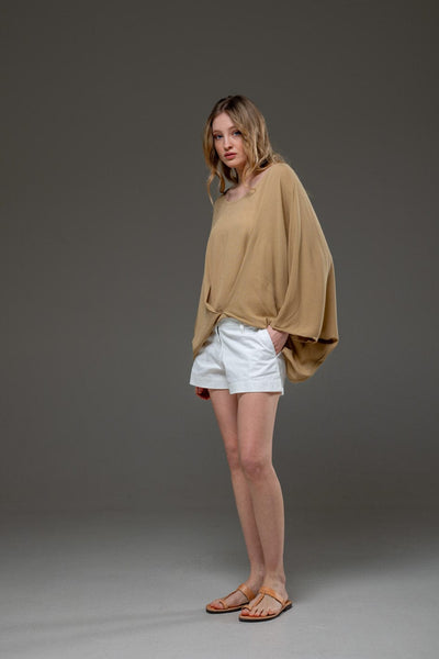 Beige Rayon Crepe Elegant Chic Flowing Batwings Scoop neck Blouse
