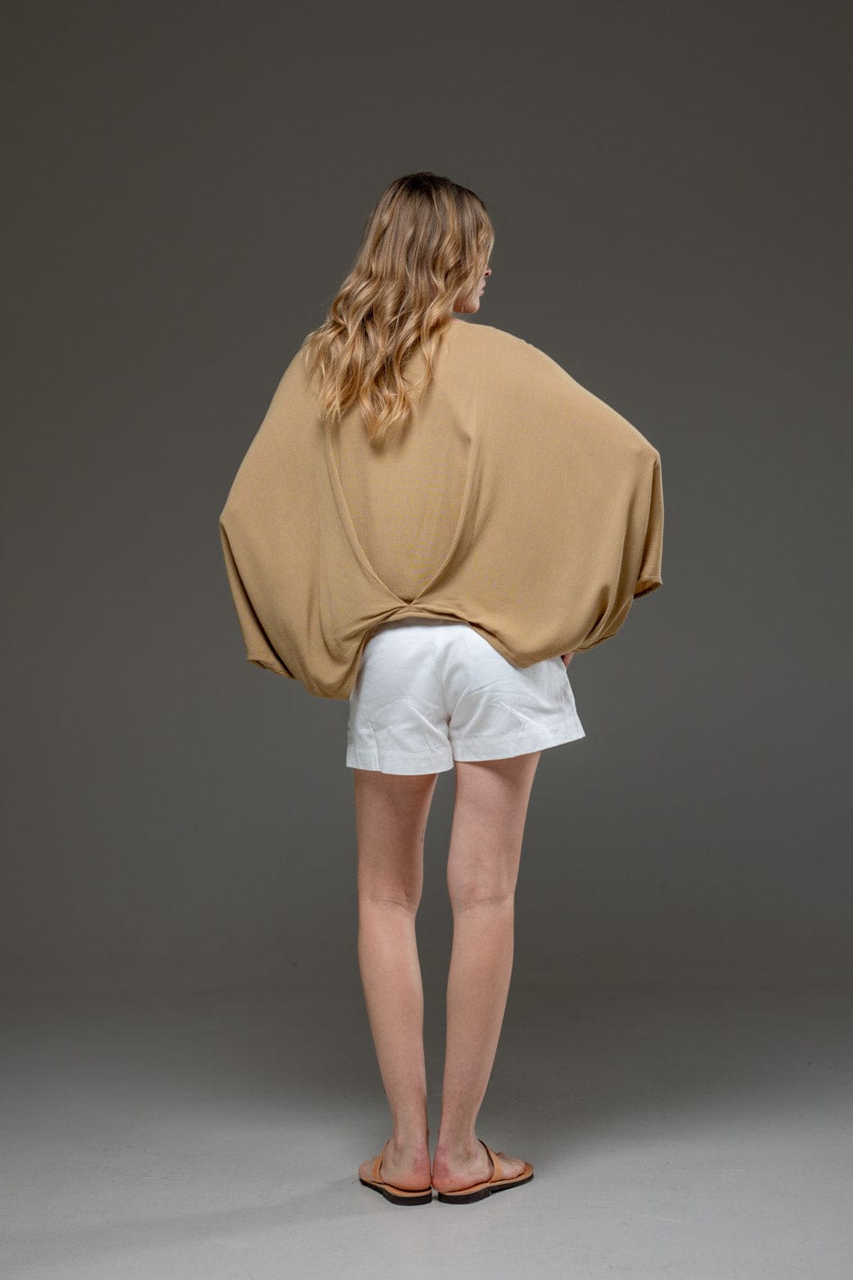  Beige Rayon Crepe Elegant Chic Flowing Batwings Scoop neck Blouse