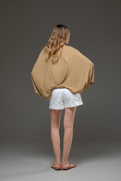  Beige Rayon Crepe Elegant Chic Flowing Batwings Scoop neck Blouse
