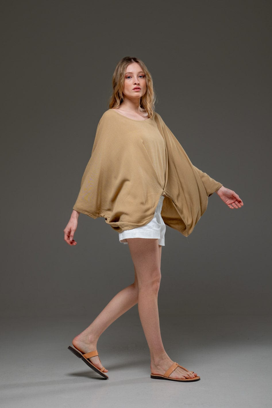  Beige Rayon Crepe Elegant Chic Flowing Batwings Scoop neck Blouse