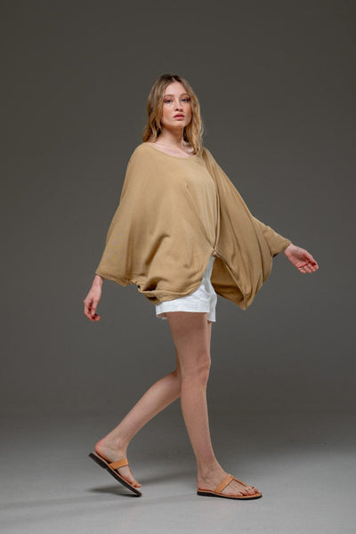  Beige Rayon Crepe Elegant Chic Flowing Batwings Scoop neck Blouse