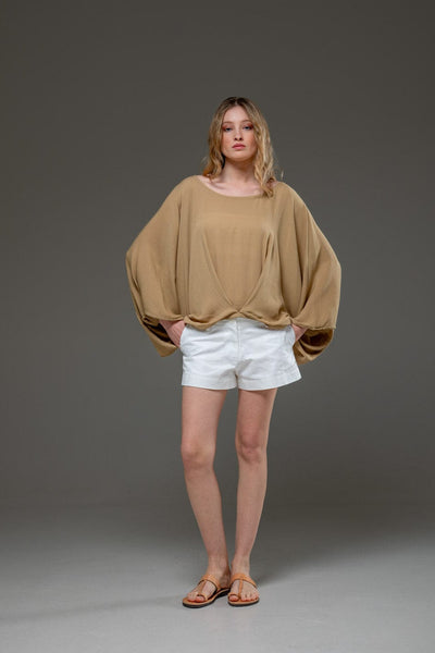  Beige Rayon Crepe Elegant Chic Flowing Batwings Scoop neck Blouse