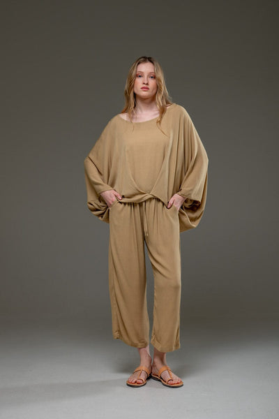 Beige gold sand color Rayon Crepe Full Length elegant pants and fowing batwings Blouse Set
